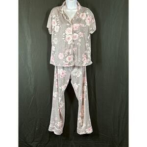 LAURA ASHLEY Pajama Set Pink Rose Grey Long Pants Short Sleeve Quiet Luxury S